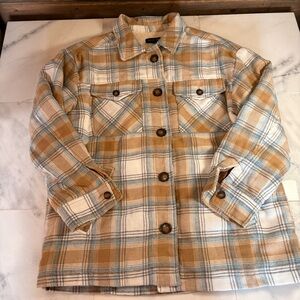 Love Tree Plaid Sherpa-Lined Jacket in Tan and Light Blue